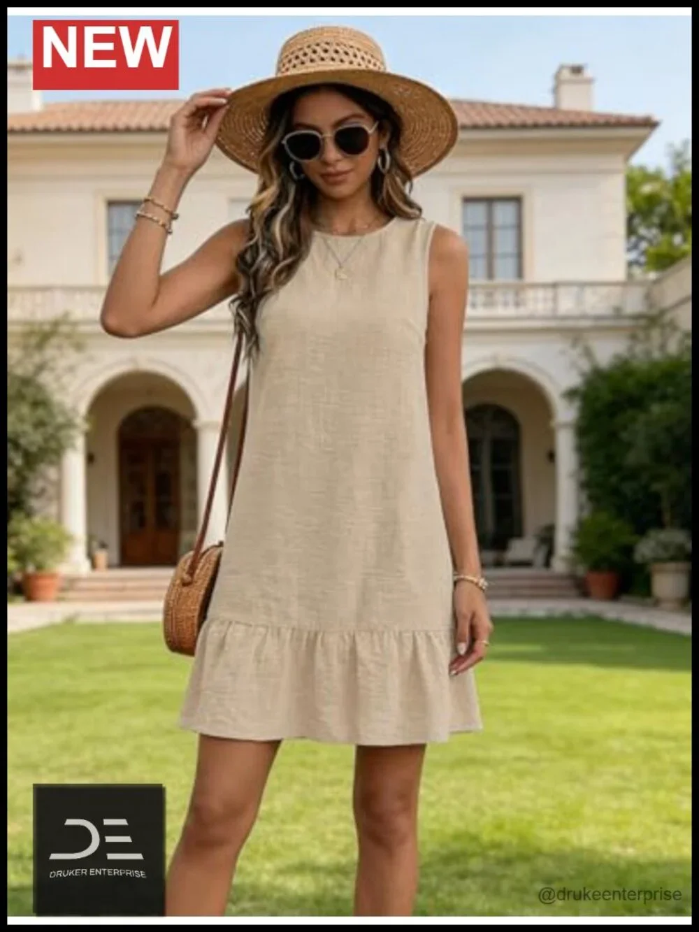 Womens Casual Summer Dress Tie Back Crew Neck Sleeveless Tank Mini Dress Ruffle
